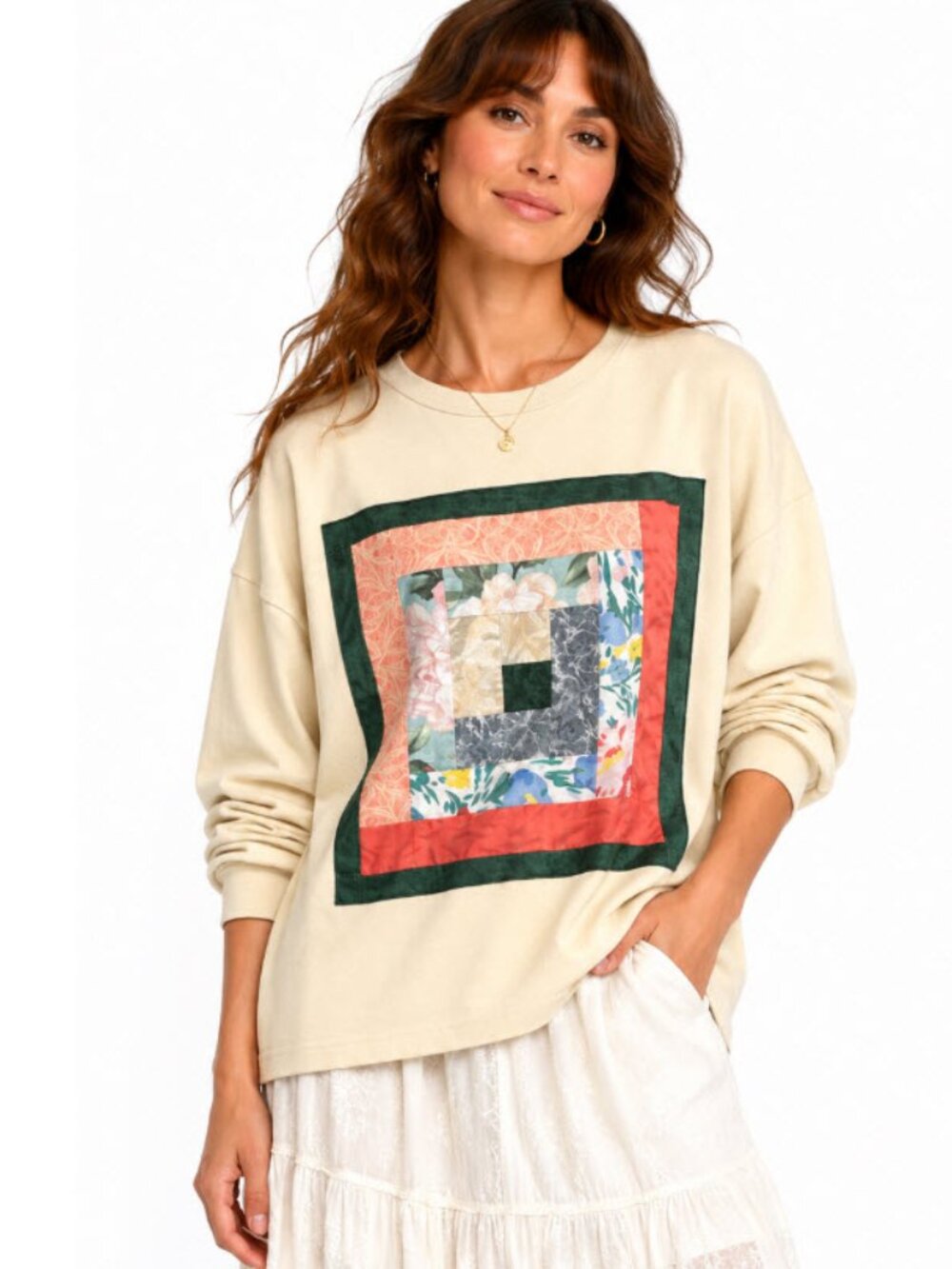 KOTN Quilt Patchwork Crewneck Sweatshirt XL Cream Egyptian Cotton